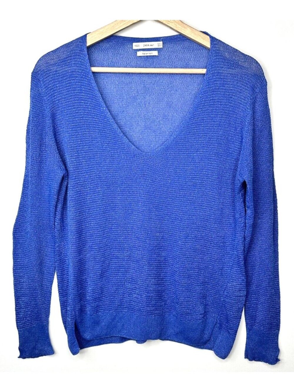 Zara Womens Sweater Textured Knit Italian Yarn Deep V Neck Pullover Blue Size S